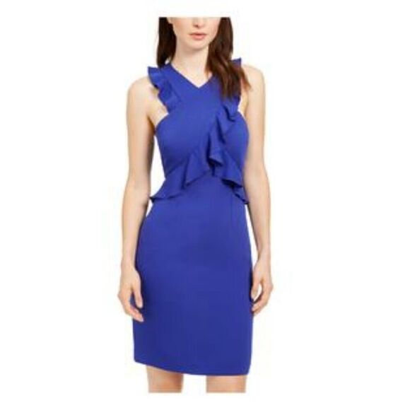 Trina Turk Sheath Dress Blue Ruffled Trim Sleeveless Halter Zip Size 12 NEW - Picture 1 of 8